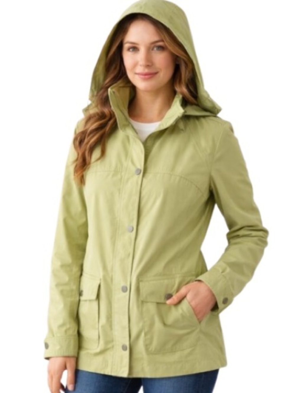 Womens Green Spring Rain Coat Jacket Lightweight Utility Removable Hood Small